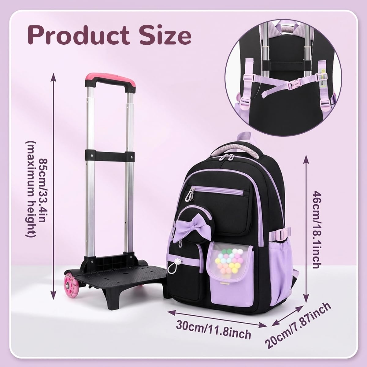 PALAY Purple School Trolley Backpack for Girls with Wheels