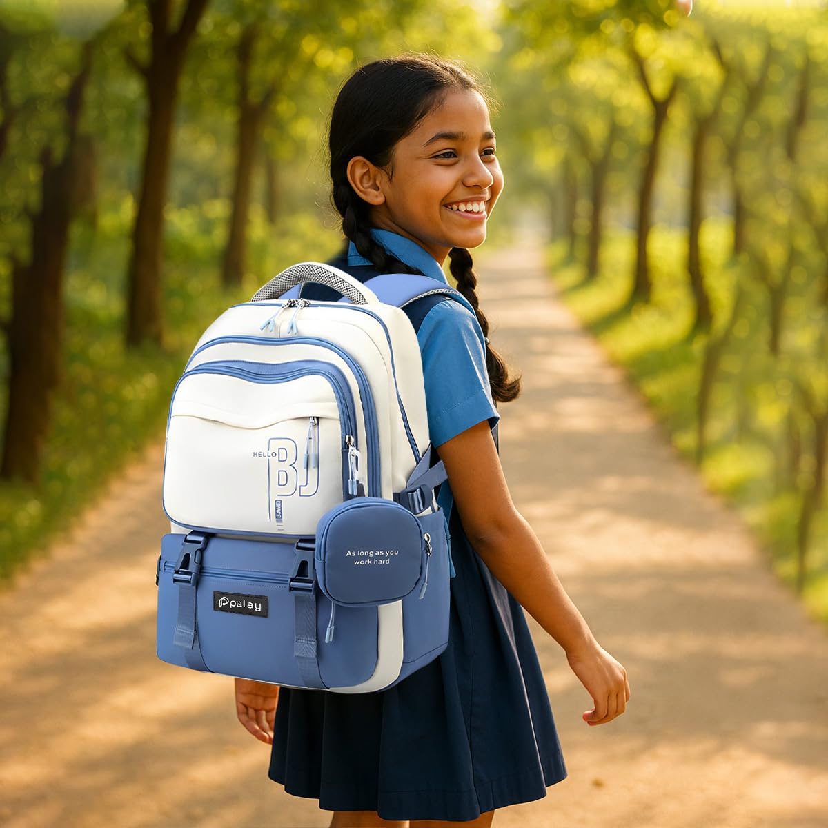 PALAY Girls Backpack for School and Travel with Multi Compartments and Padded Straps | Blue Nylon Design