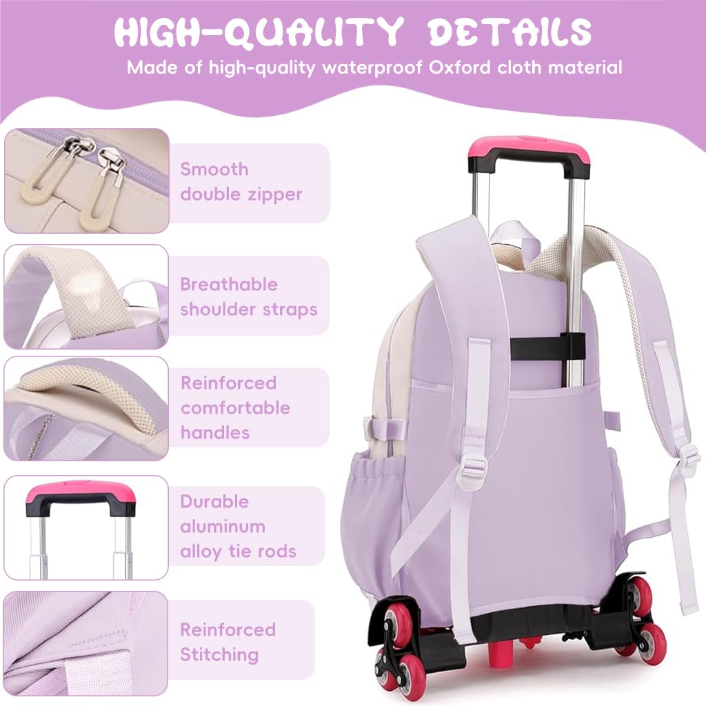 PALAY School Bag for Girls with 6 Wheels featuring Removable Trolley Stand and Handle Bar