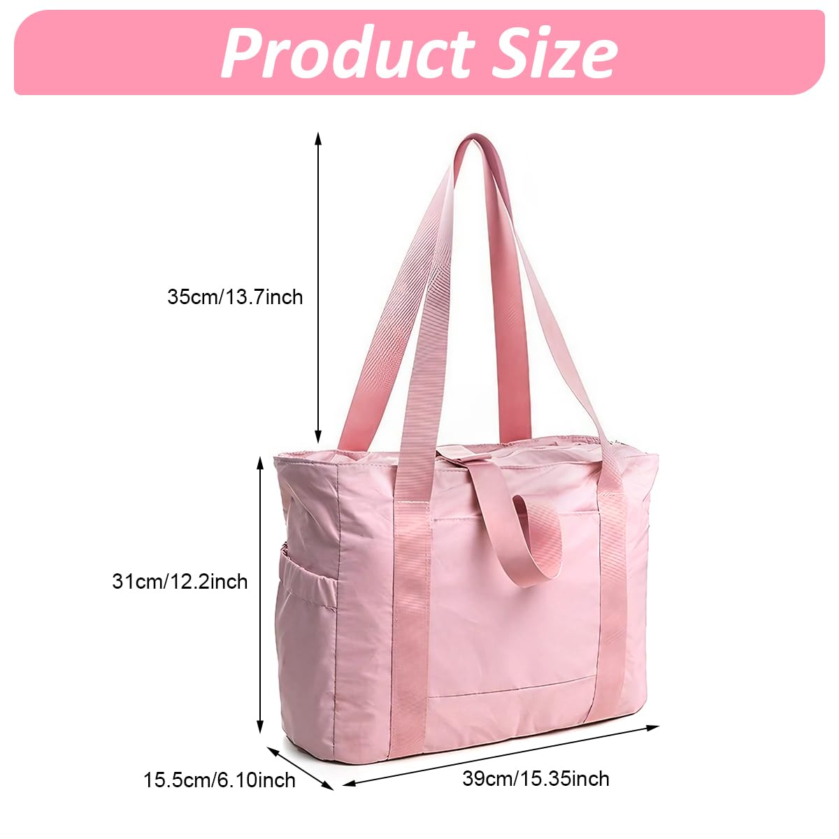 PALAY® Casual Shoulder Bag Hand Bag with Zip-up Closure Tote Bag for Women Fashion Pink Nylon Gym Bag with Yoga Mat Buckle Fashion Lightweight Carry On Bag for Fitness, Travel, Work, 39x15.5x31cm