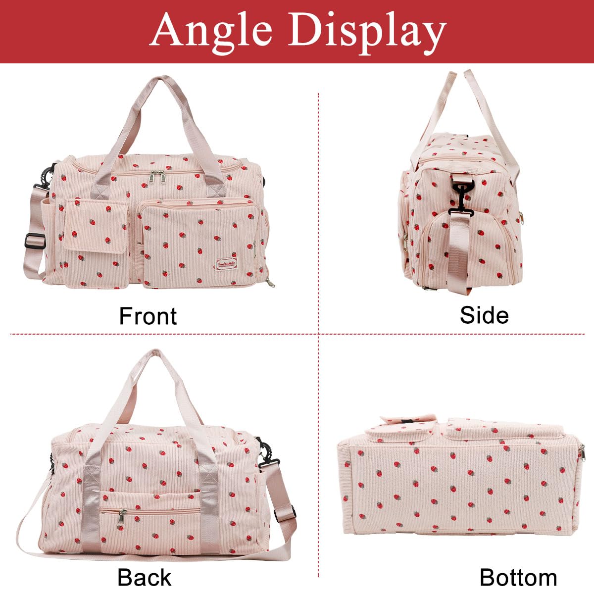 PALAY Women Duffle Bag for Travel and Gym featuring Shoe Compartment 48x24x27cm Corduroy Pink