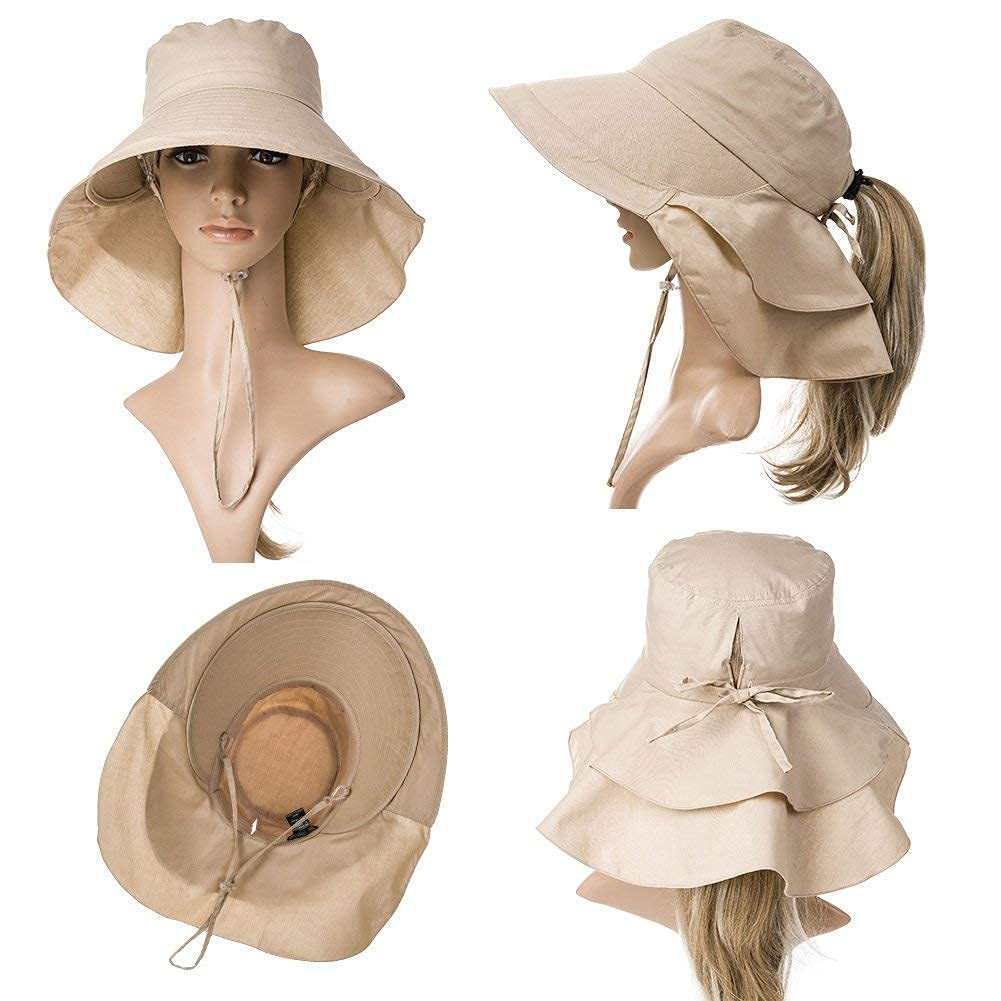 PALAY Women Wide Brim Sun Hat for Summer with 4.7 in Brim & Ponytail Hole | Khaki UV Protection