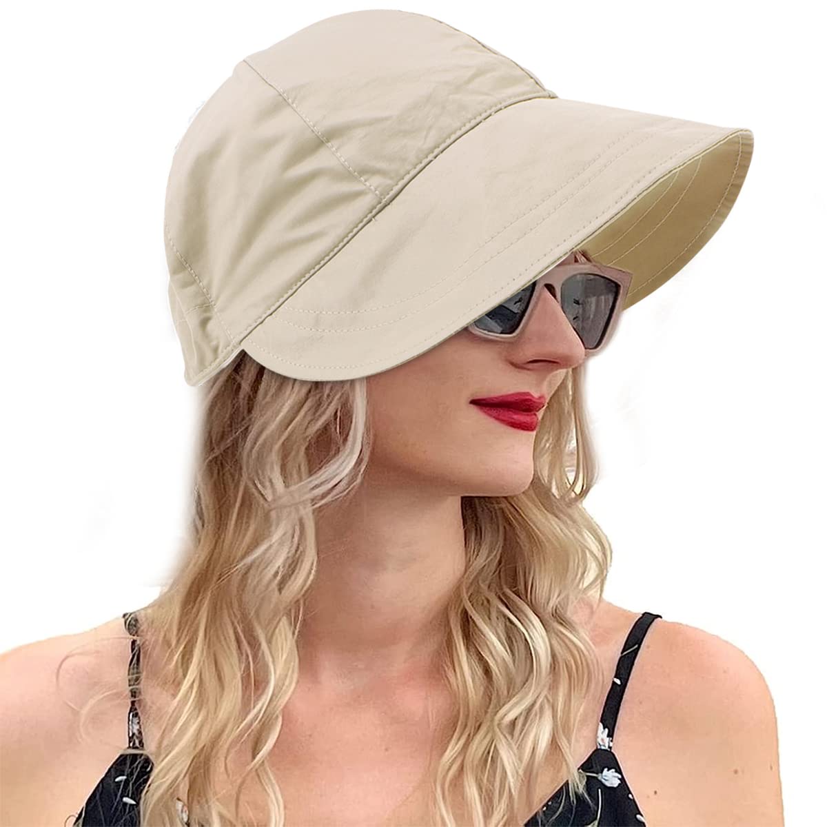 PALAY Polyester Wide Brim Hat for Women with Drawstring Closure and UV Protection | Beige Adjustable Sun Cap