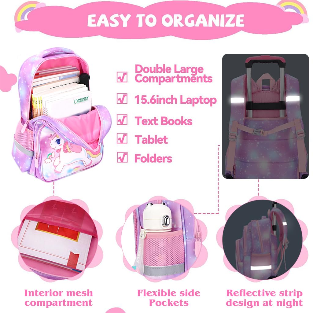 PALAY® Unicorn Print School Backpack for Girls Travel BackPack for Girl School Bag on Wheel Detachable Wheel Stand Gift School Bag for Girls Primary Student