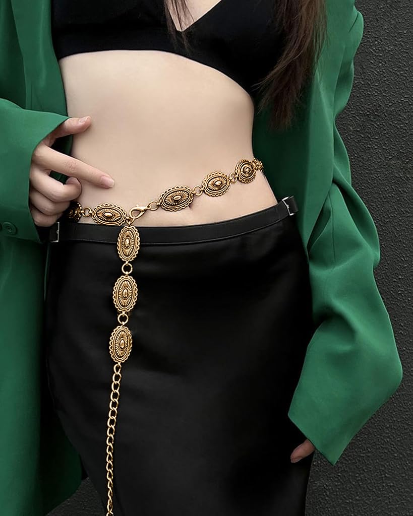 PALAY Boho Waist Belt for Women featuring Adjustable Fit and Golden Metal Concho Design 29.53 in