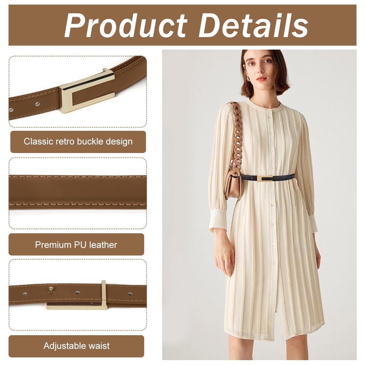 PALAY Women Belts for Jeans Dresses and Pants with Gold Interlock Buckle 2 Pcs | PU Leather Black and Brown