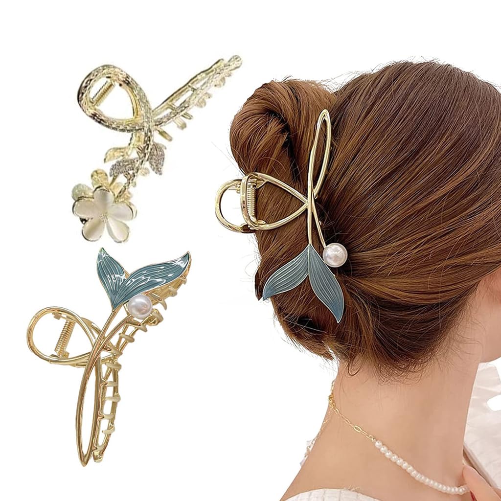 PALAY Hair Claw Clip Combo for Women with Mermaid Pearl and Flower Rhinestone | Elegant Metal Non Slip Clutcher for Updos and Styling