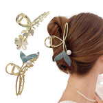 PALAY Hair Claw Clip Combo for Women with Mermaid Pearl and Flower Rhinestone | Elegant Metal Non Slip Clutcher for Updos and Styling