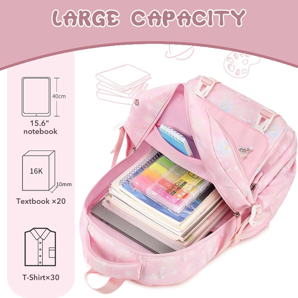 PALAY® School Backpack for Girls Cute Pink Cartoon Print Backpack Schoolgirls Travel Backpack 15.6 inches Waterproof Oxford Cloth Multi Compartment Backpack Birthday Gift Christmas Gift for Girls