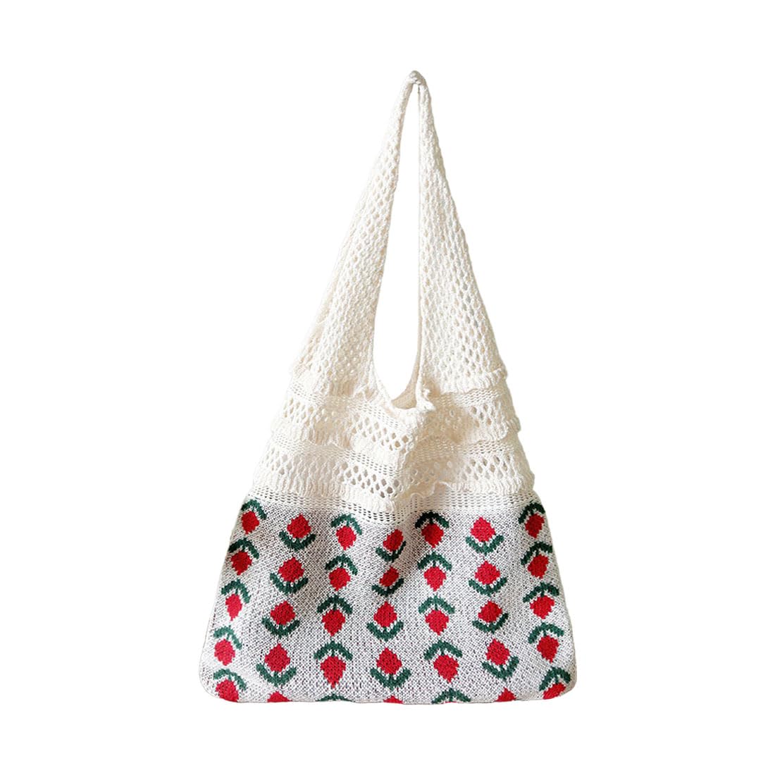 PALAY Knitting Tote Bag for Everyday Use with Patchwork Handle and Fringe | Beige 27.9 x 37.8 x 2 cm