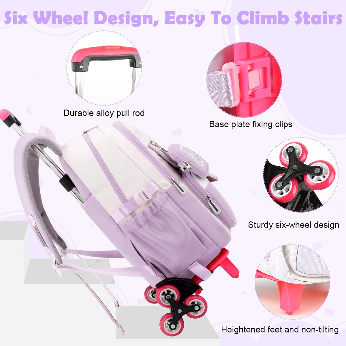 PALAY School Backpack with Wheels for Girls featuring 6 Wheel Metal Trolley and Retractable Handle