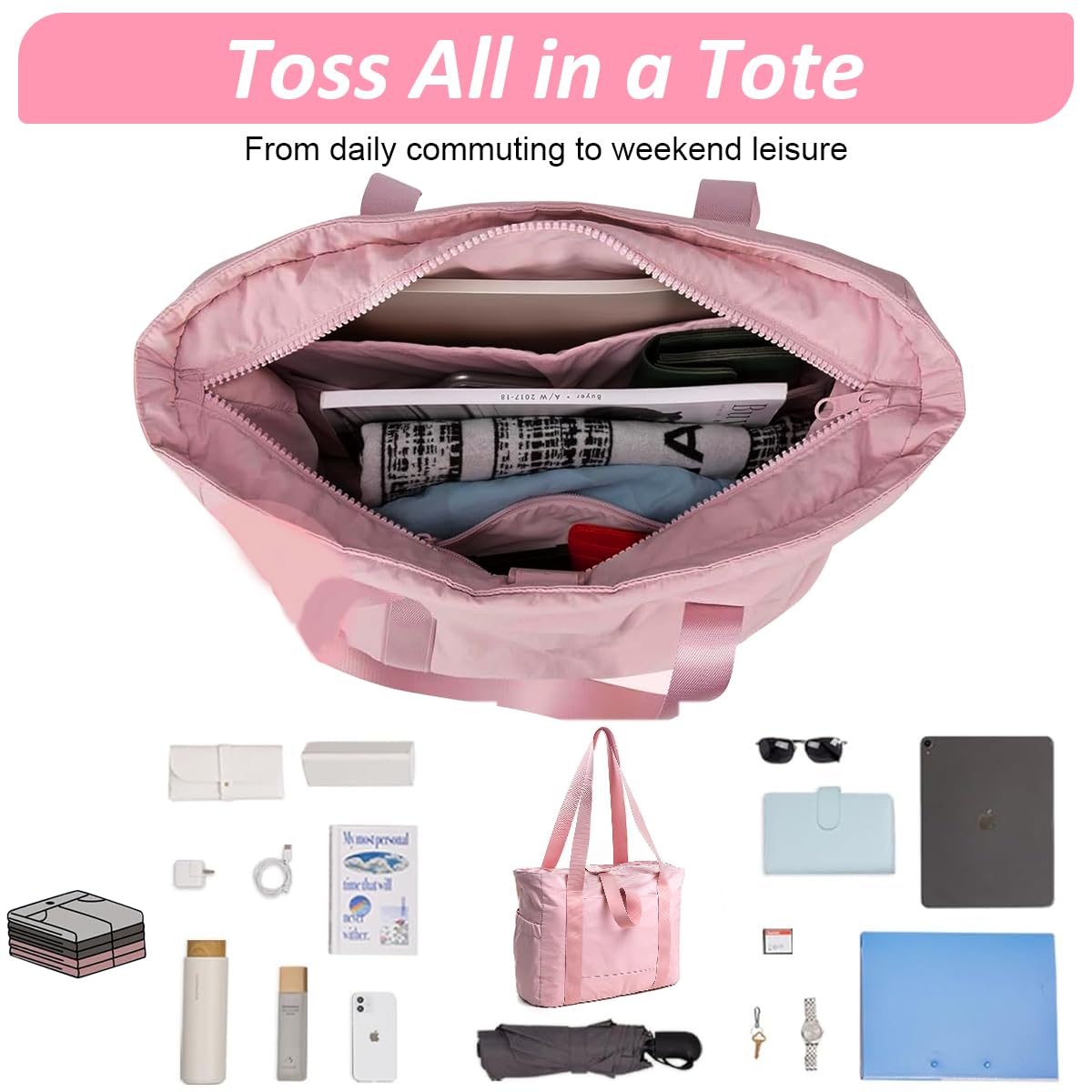 PALAY® Casual Shoulder Bag Hand Bag with Zip-up Closure Tote Bag for Women Fashion Pink Nylon Gym Bag with Yoga Mat Buckle Fashion Lightweight Carry On Bag for Fitness, Travel, Work, 39x15.5x31cm