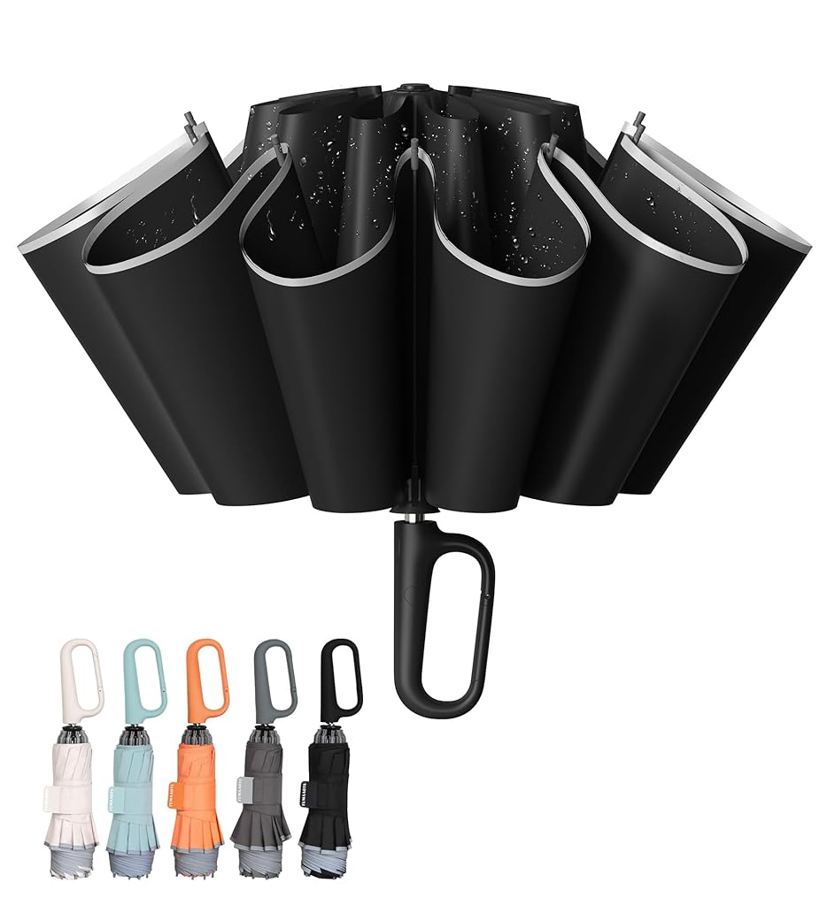 PALAY® 50'' Large Umbrella with Reflective Strip, Auto 3-Fold Compact Travel Umbrella, Carabiner Handle, Reinforced 10 Dual Ribs, Sun Protection 99% UV & Rain & Windproof for Men Women (Black)