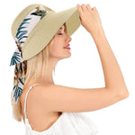 PALAY Straw Hat for Women featuring Wide Brim UV Protection and Floral Print Ribbon Beige