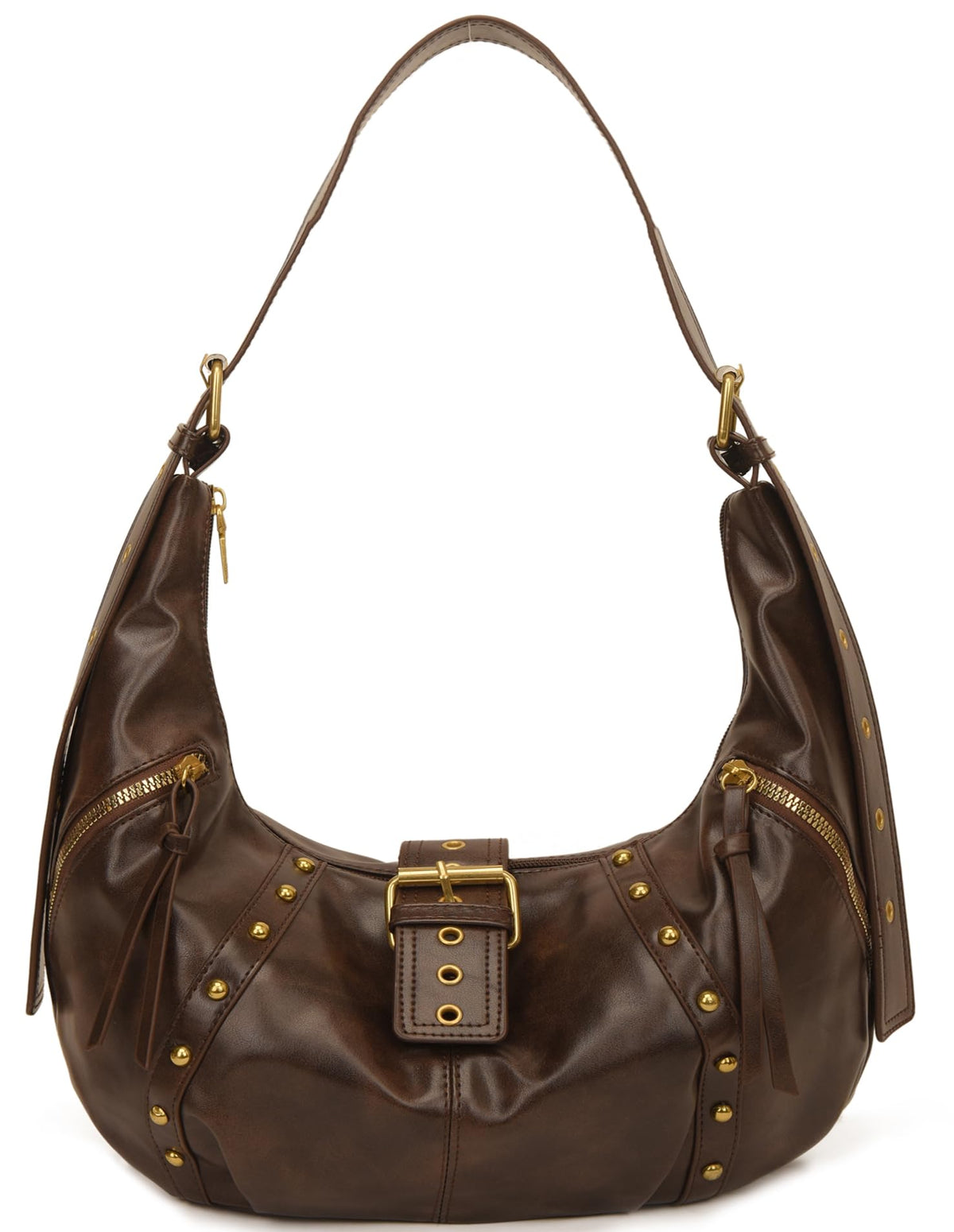 PALAY® Vintage Brown Leather Hobo Bag Y2K Crescent Armpit Bag with Gold Buckle Hardware, Studded Accents Slouchy Retro Underarm Bag Shoulder Bag for Everyday Carry, Casual, Streetwear
