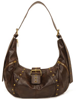 PALAY® Vintage Brown Leather Hobo Bag Y2K Crescent Armpit Bag with Gold Buckle Hardware, Studded Accents Slouchy Retro Underarm Bag Shoulder Bag for Everyday Carry, Casual, Streetwear