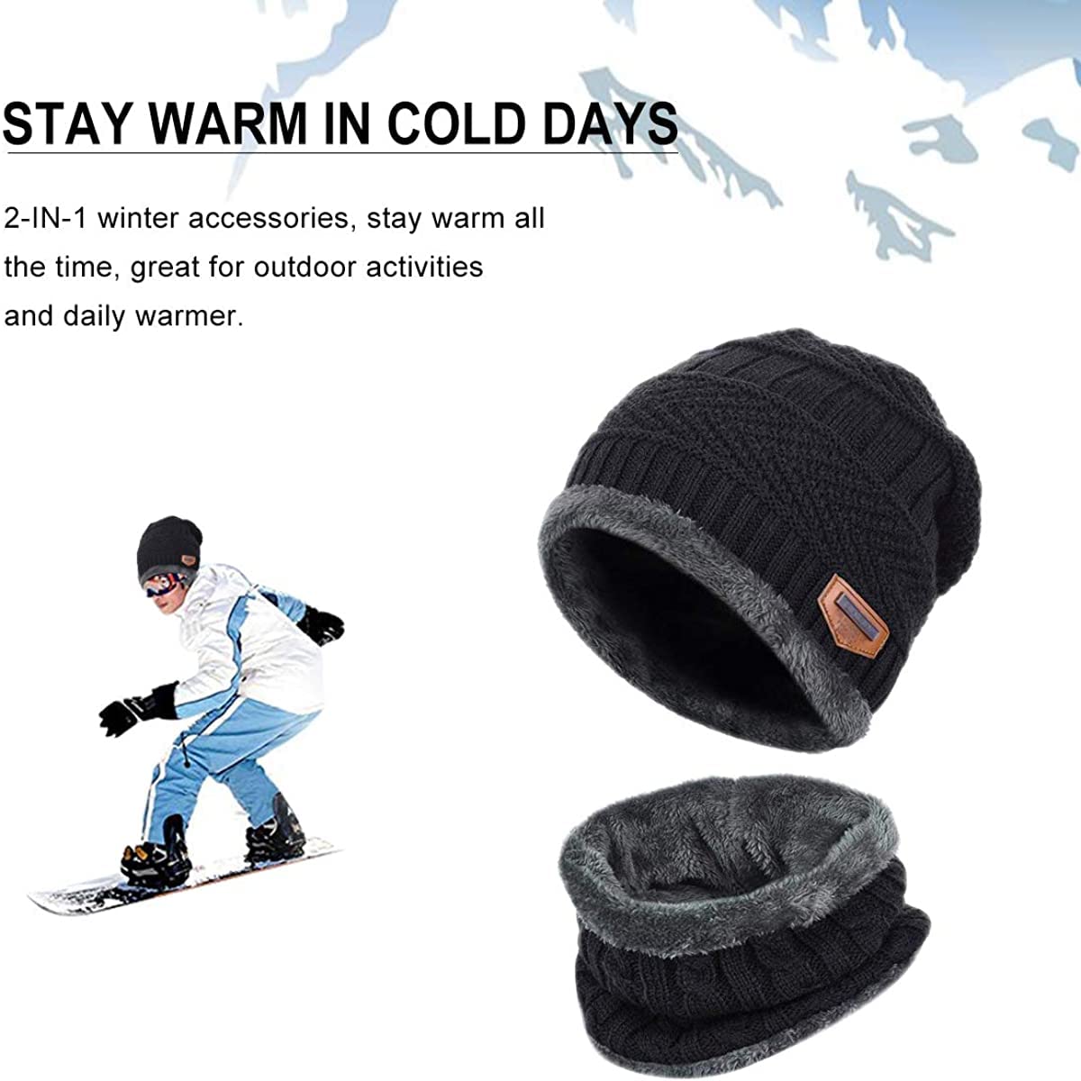 PALAY Knitted Hat and Scarf Set for Winter with Plush Edging and Fleece Lining | Navy Blue