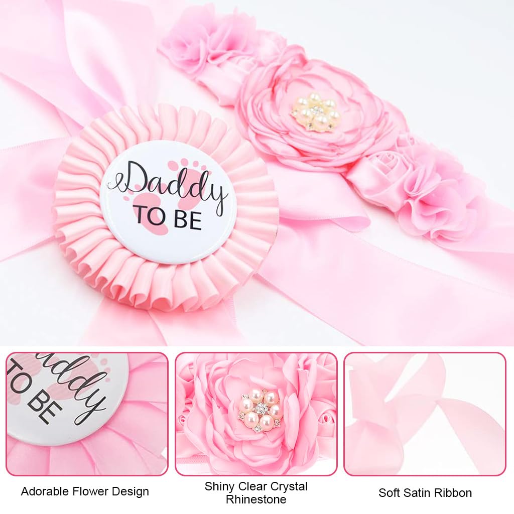 PALAY Mom to Be Decoration Set for Baby Shower with 70 in Chiffon Flower Sash | Pink