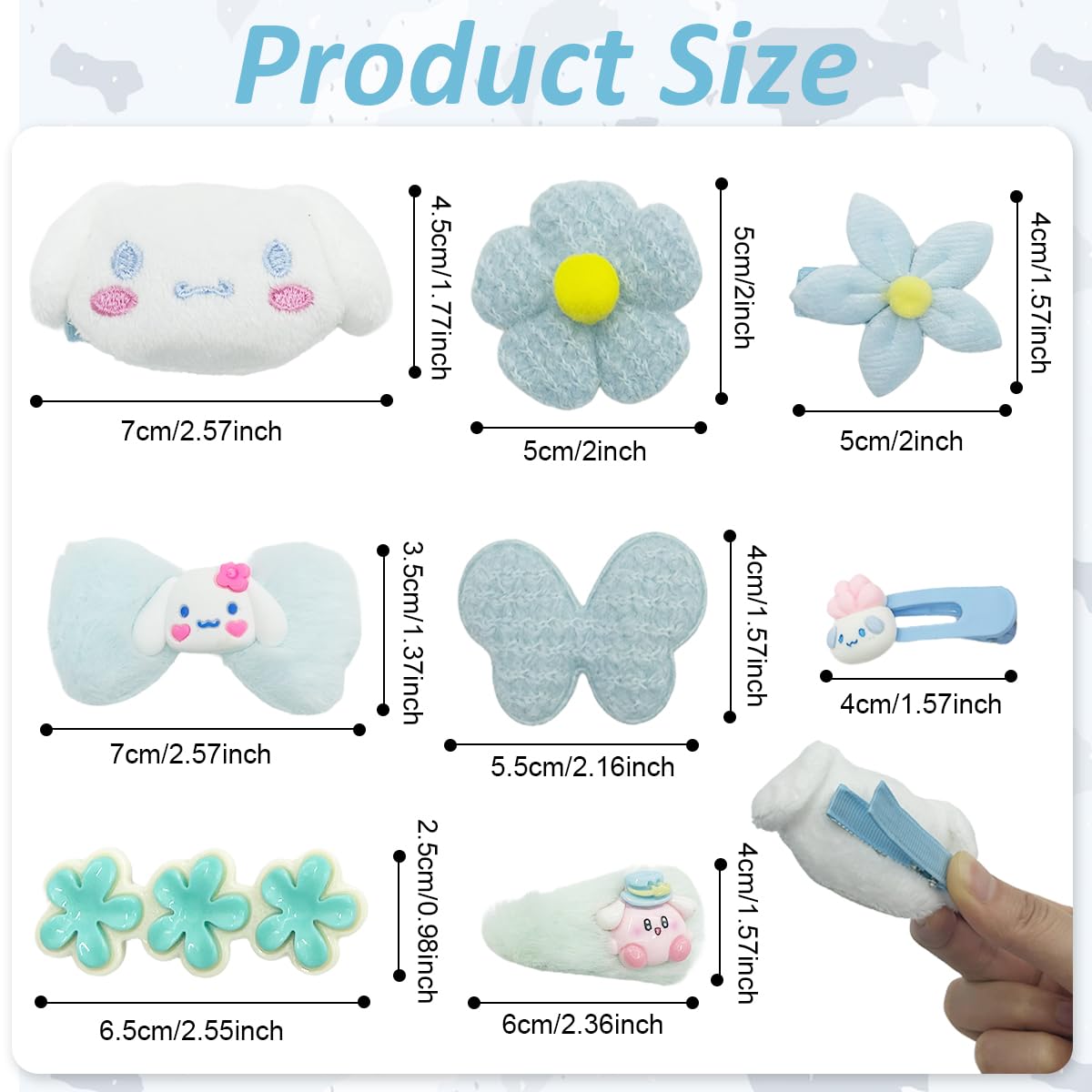 PALAY Cinnamoroll Hair Clips for Girls featuring 8pcs Plush Flower Blue Barrettes | Kawaii Accessory