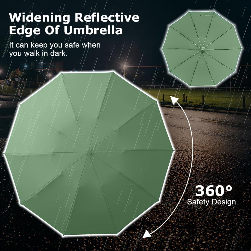 PALAY Auto 3 Fold Large Umbrella for Travel with 50in Canopy and 10 Dual Ribs | Green UV Shield