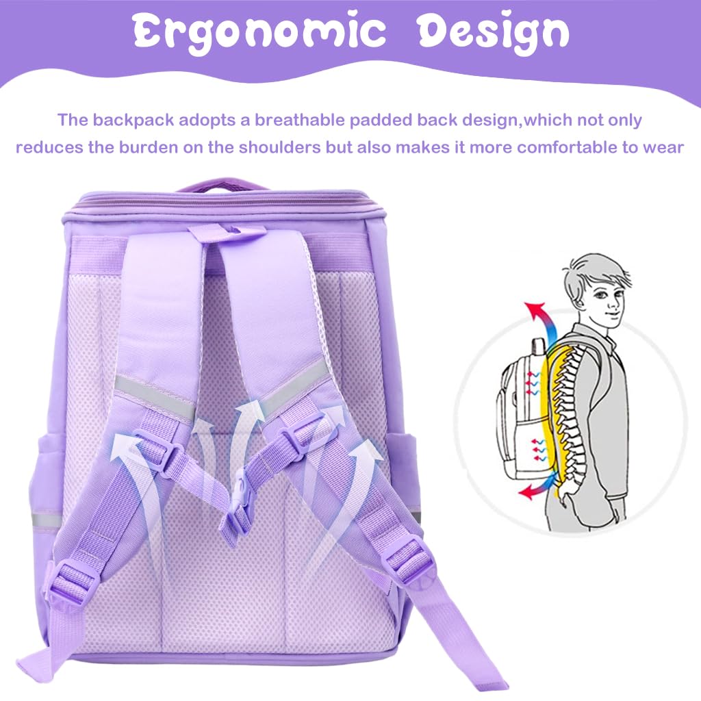 PALAY Unicorn Backpack for Girls featuring 31x21x42cm capacity with ergonomic padded straps | Purple waterproof school bag for kids 7–12