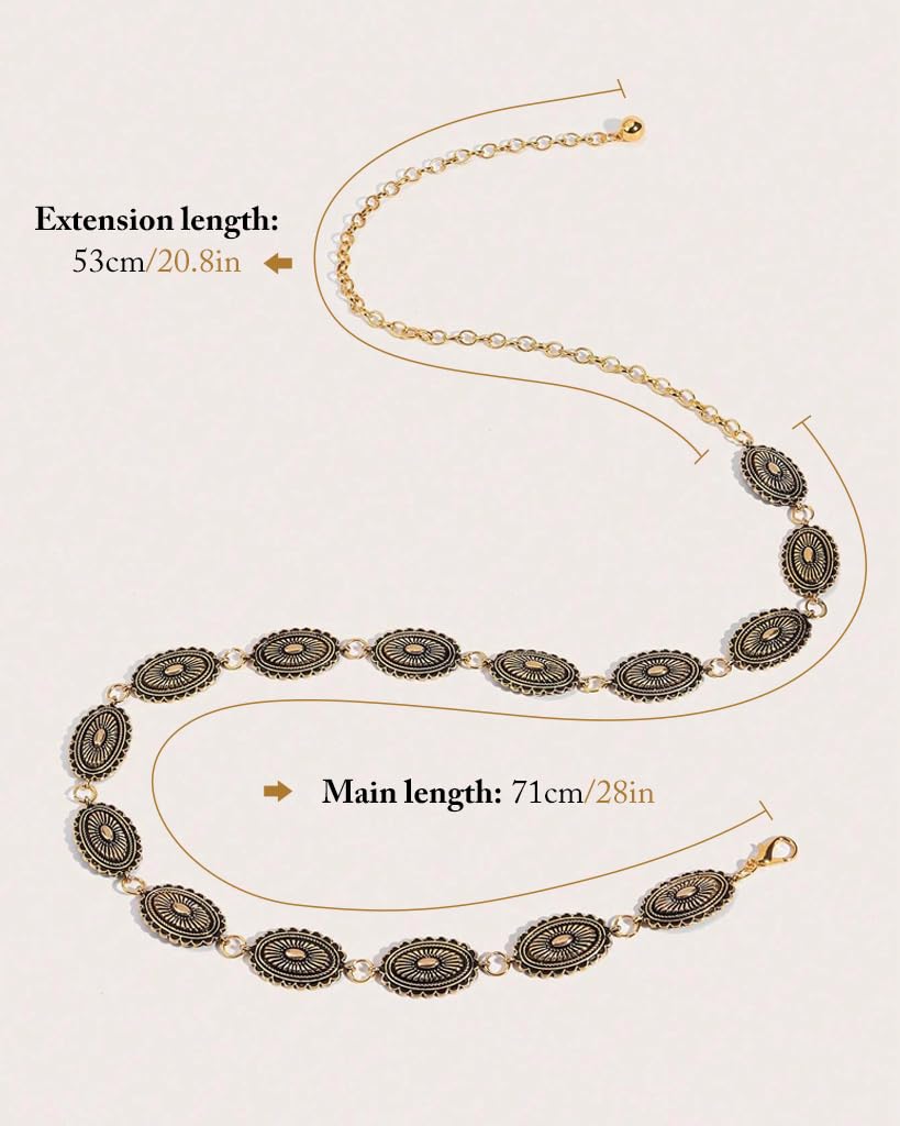 PALAY® Boho Waist Belt for Women Golden Concho Belt Saree Waist Belt Metal Concho Belt Western Fashion Conchos Adjustable Concho Belt, 29.53 inches +19.69 inches