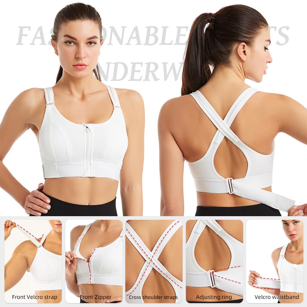 PALAY Sports Bra for Women with Front Zipper and Adjustable Straps | High Impact Gym Support