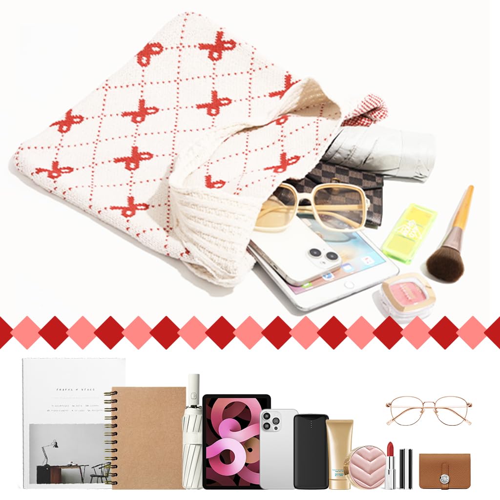 PALAY Crochet Tote Bag for Women featuring Red Bow Design and 35x36cm Knitted Style | Lightweight Shoulder Handbag for Travel