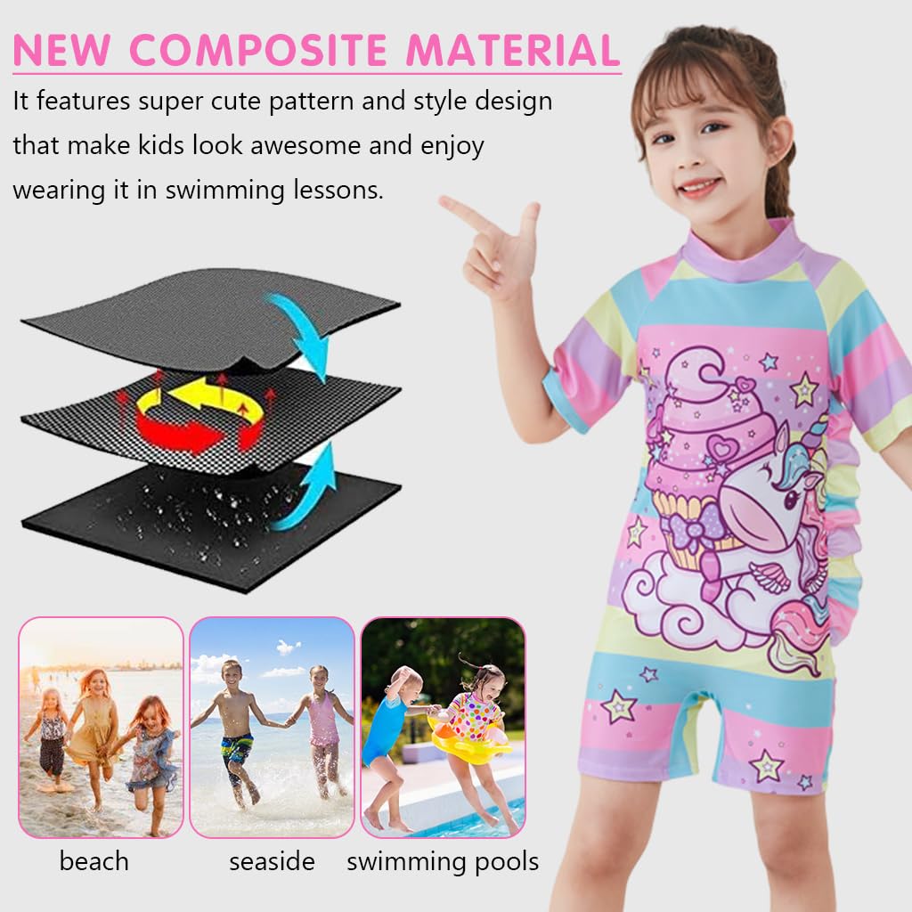 PALAY® Unicorn Swimming Costume For Kids Girls 6-8 Years Old, Multicolored Swim Suit for Kids Girls, One-Piece Cartoon Swimsuit for Girls with Swim Cap, Beachwear Kids Swimming Bathing Suit