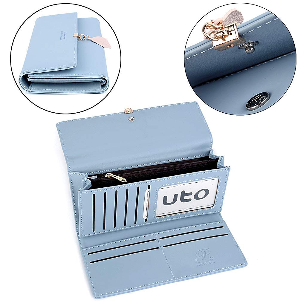 PALAY® Womens PU Leather Long Wallet Leaf Pendant Card Holder Phone Pocket Girls Zipper Coin Purse Blue 3PCS