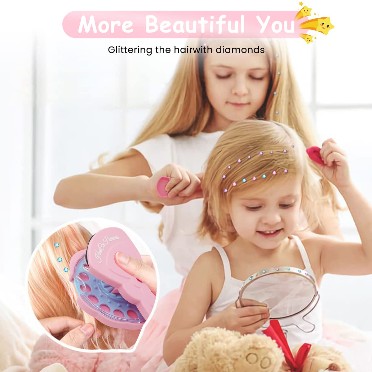 MAYCREATE® Hair Gem Stamper Sparkle Rhinestones Quick Hair Gems Stapler machine with 180pcs Glitter Gems Kit for Girls Kids Age 6+, Bling Hair in Seconds Party Hair-Safe Styling Tools