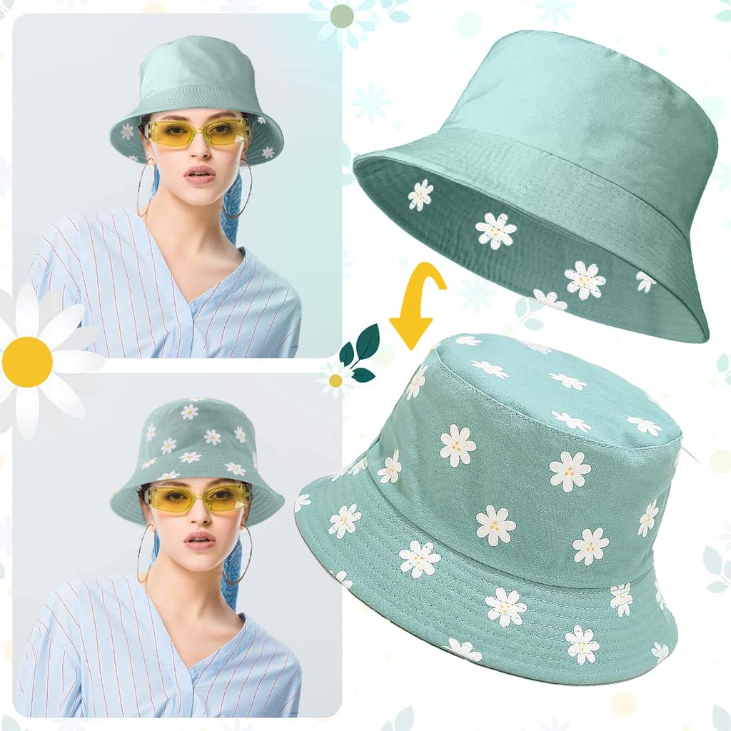 PALAY Sun Hat for Women featuring Reversible Design and Wide Brim Cotton Comfort | Mint Green Daisy 58cm