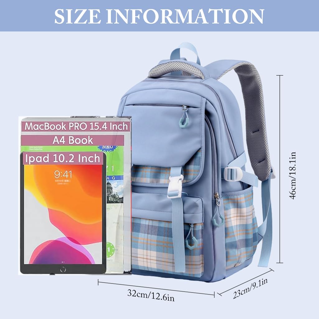 PALAY® School Backpack Fashion School Backpack for Girls Multi Compartments Blue Plaid Backpack Padded Handle & Shoulder Straps Burden-relief School BackpackTravel Backpack School Gifts for Girls