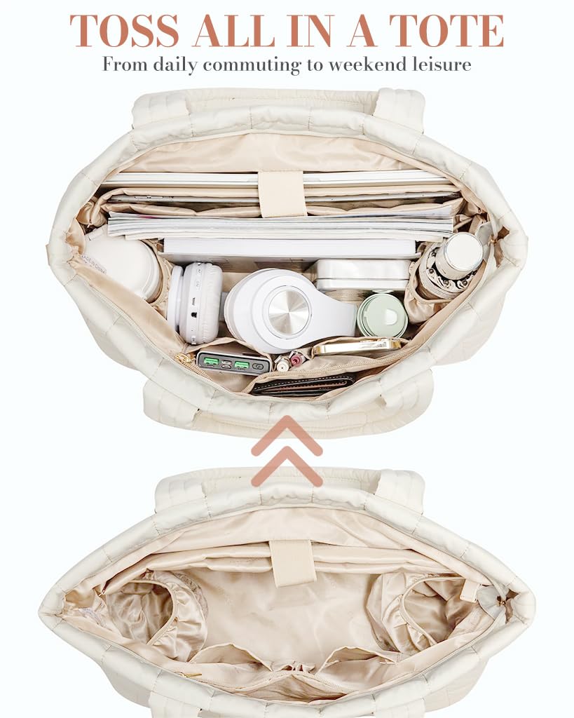 PALAY Tote Bag for Women with 15.6 in Laptop Compartment featuring Removable Strap | White Quilted Style