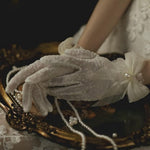 PALAY Wedding Gloves for Bride with 10.5 in Length and Elastic Cuffs | White Lace Floral Design