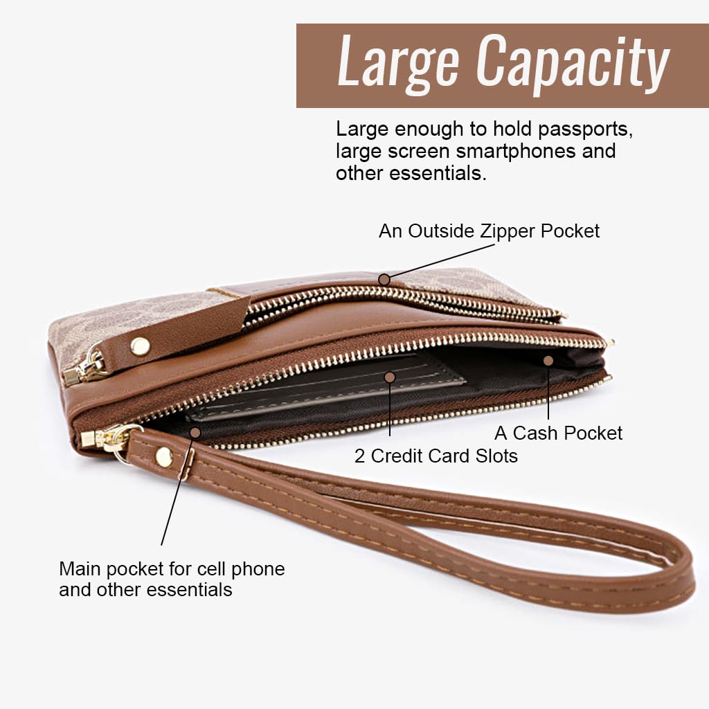 PALAY Women's Wristlet Clutch Wallet with Zipper Pouches and Hand Strap | PU Brown 18.7x11cm