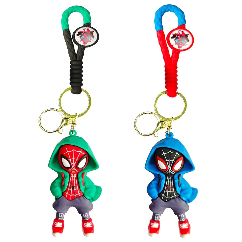 PALAY® 2 Pcs Cartoon Keychain Keyring Fashion Couple KeychainsMiles Spider Man Silicone Keychain Metal Keyring Backpack Charm Bag Charm Pendent, Green & Blue