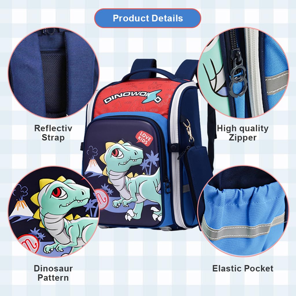 PALAY Dinosaur Cartoon School Backpack for Students 27x17x39cm with Dual Zippers and Padded Straps | Blue Bag for Girls 6-12 Years