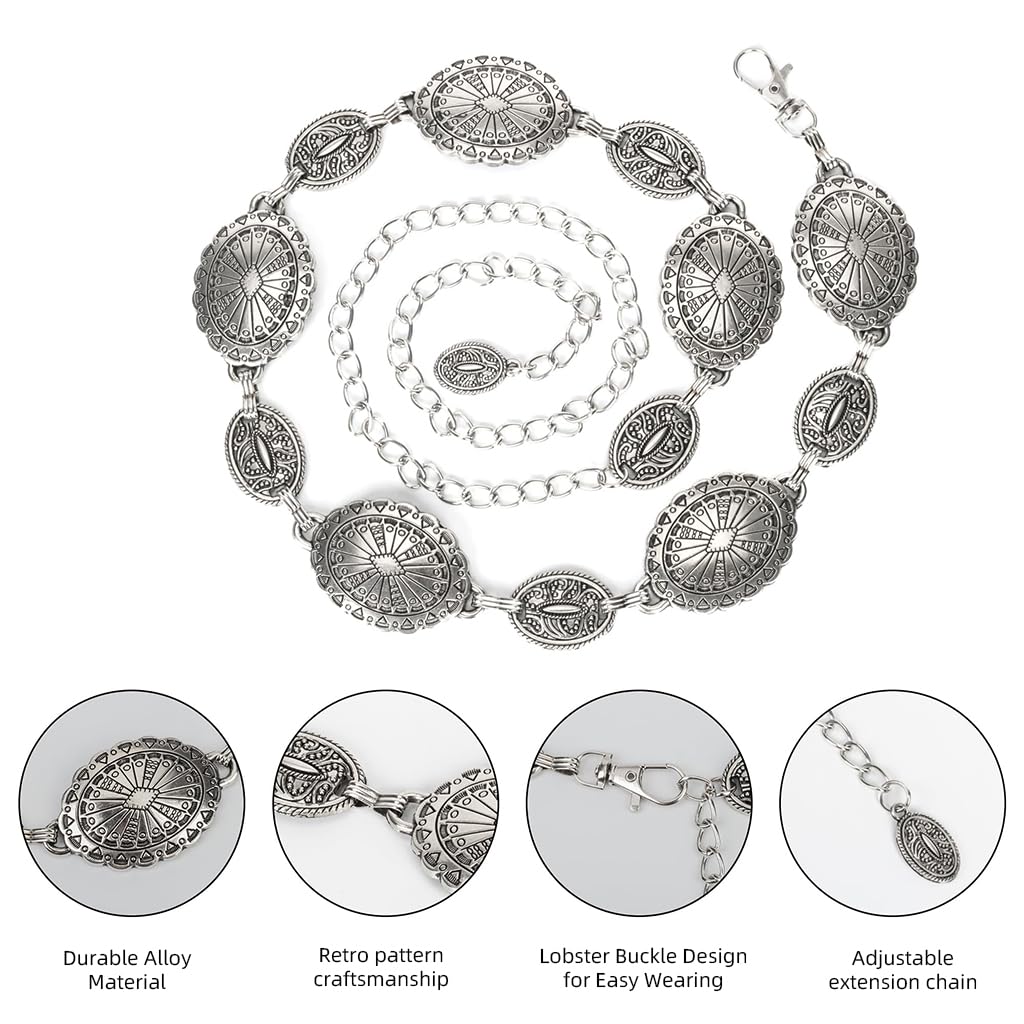 PALAY Waist Chain for Women for Saree featuring Metal Concho Disks Silvercolor 3 PCS | Adjustable Boho Hip Belt