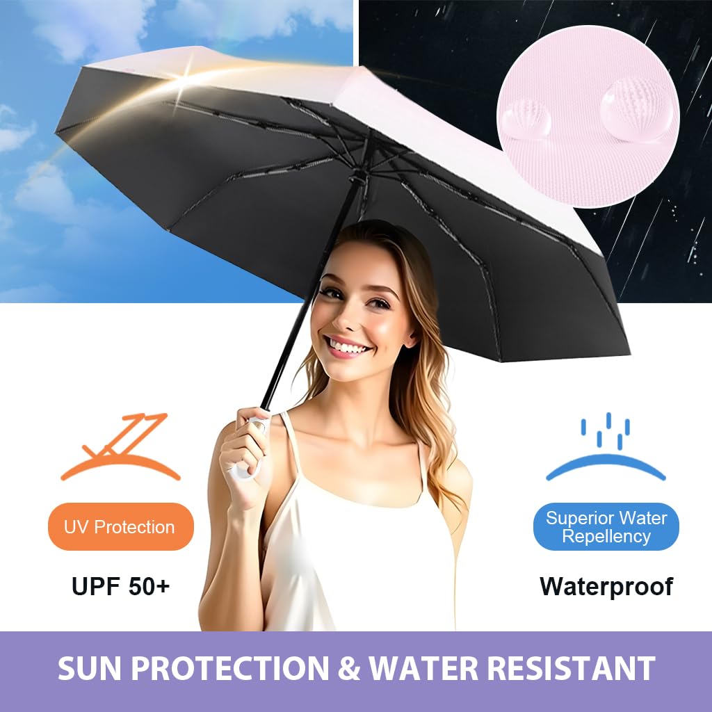 PALAY Compact Umbrella for Sun and Rain Protection with 8 Dual Ribs and Auto Open Close | Featuring UPF 50+ Black Coating and Flower Charm Strap