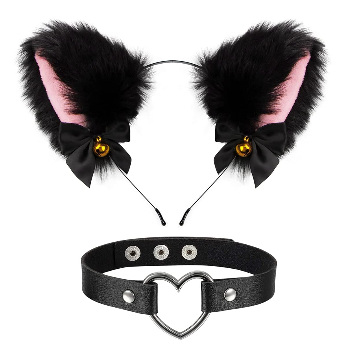 PALAY Cat Ears Headband Choker Set for Cosplay and Party Wear featuring Plush Furry Ears & Bell | Ideal for Women and Girls