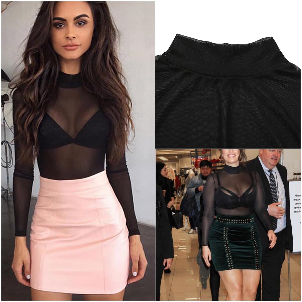 PALAY Women's Mesh Top for Clubwear with 36cm Shoulders and 60cm Sleeves | Black