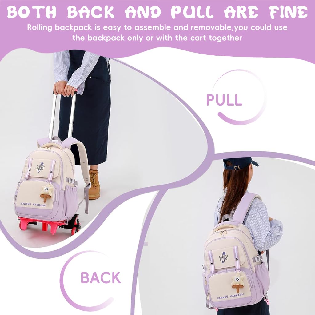 PALAY School Bag for Girls with 6 Wheels featuring Removable Trolley Stand and Handle Bar