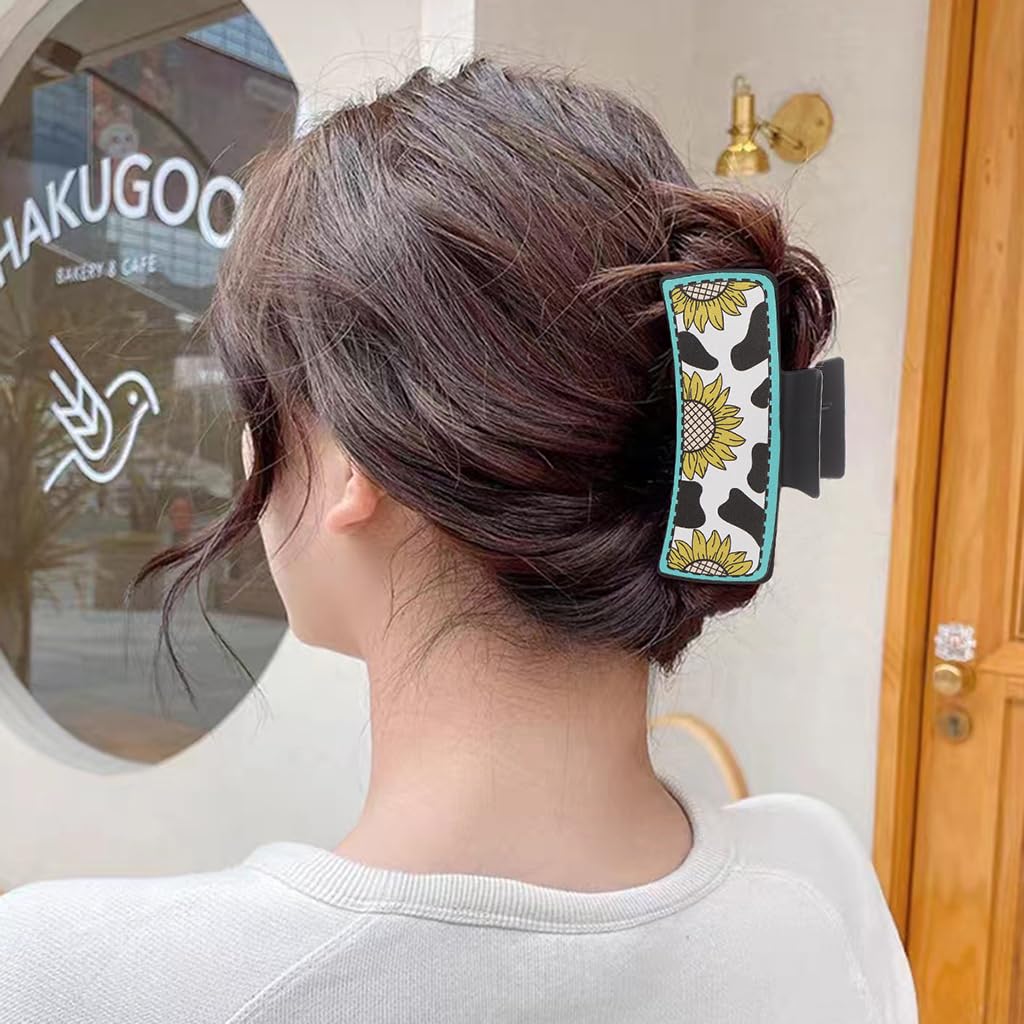 PALAY Hair Claw Clip for Women with Leather Sunflower Print and Secure Grip | Black 4 in