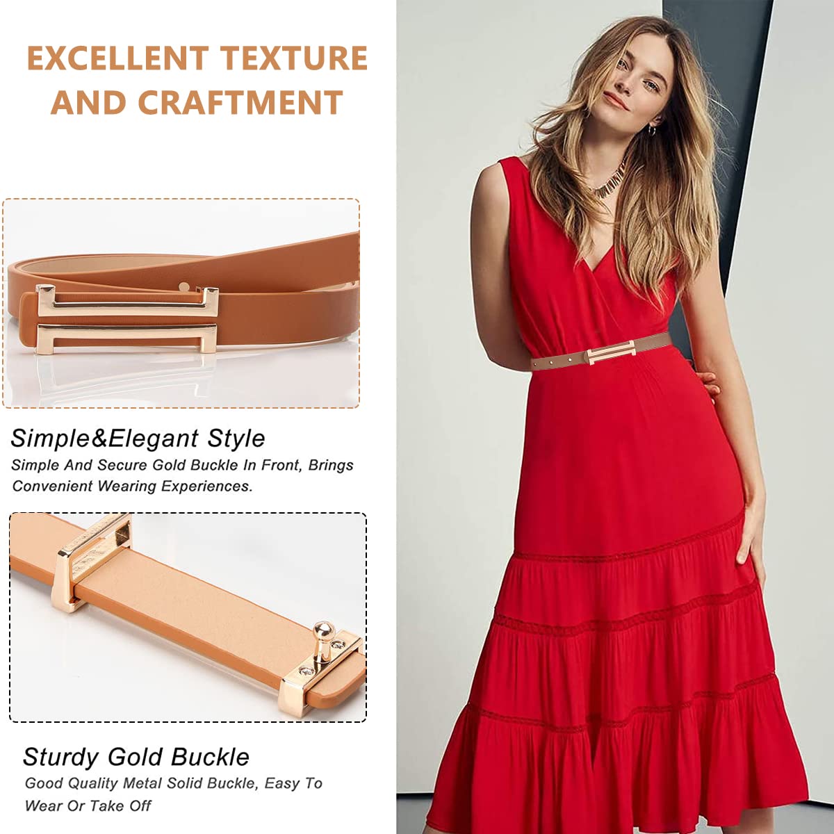 PALAY Fashion Belt for Women with Fine Metal Buckle 0.7 in Width PU Leather Brown | Dress Accessory