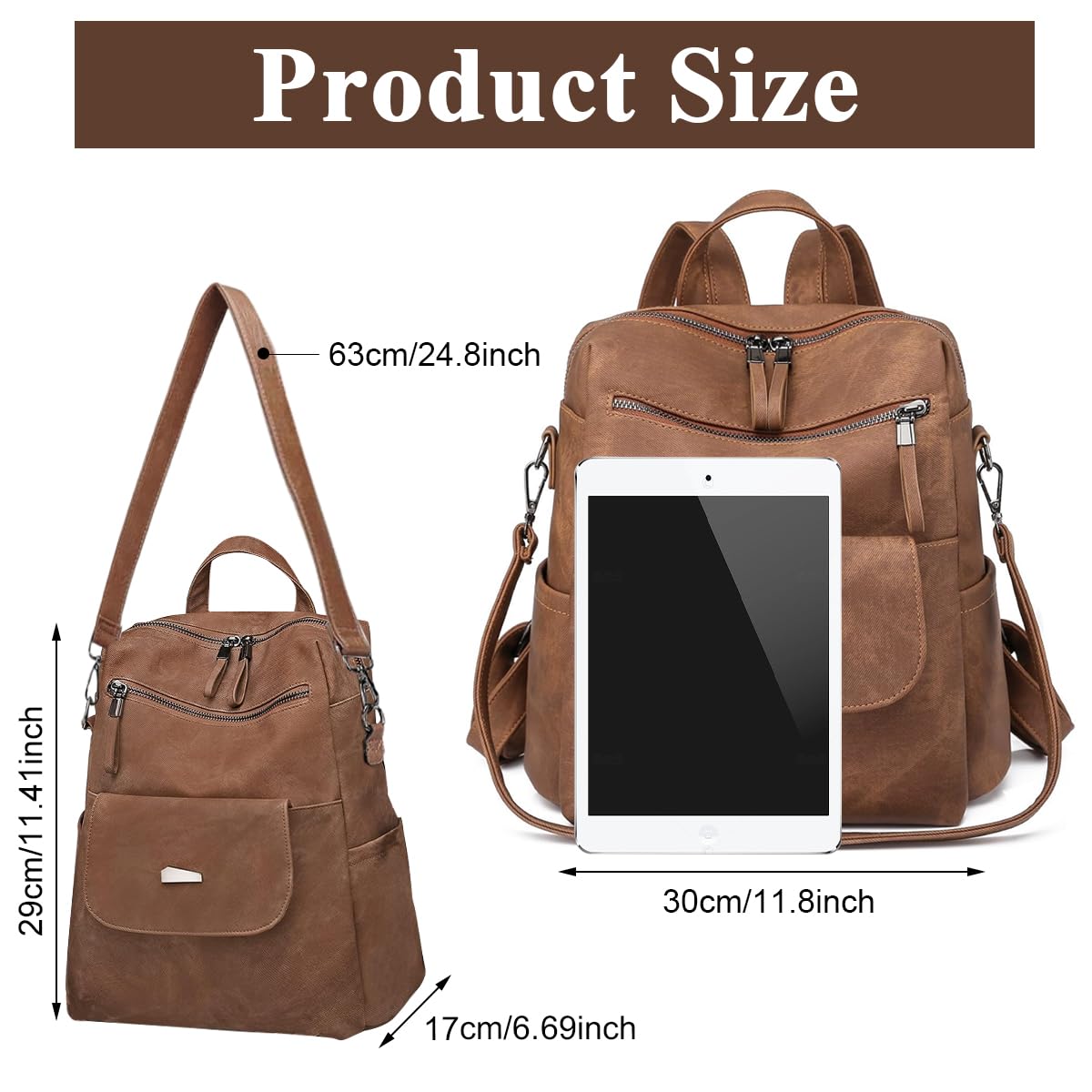PALAY PU Leather Backpack for Women with 12x11 in Capacity and Back Zipper Pocket | Brown 3 PCS Set