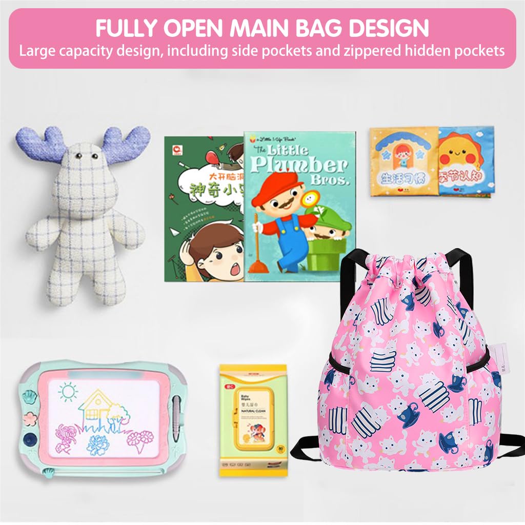 PALAY Drawstring Backpack for Kids with Adjustable Shoulder Strap and Pink Cartoon Print | 28x36cm Waterproof Nylon Bag