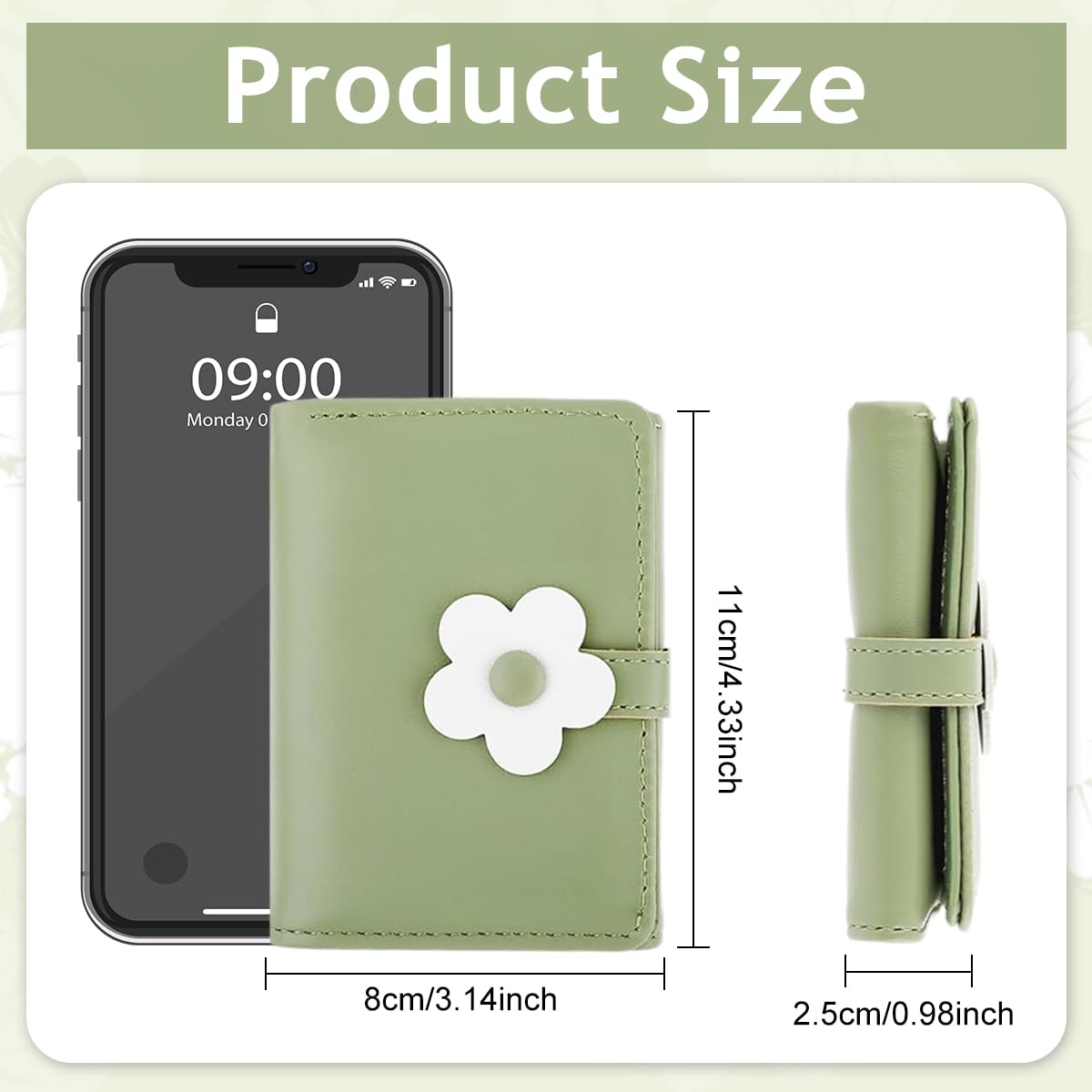 PALAY® Girls Wallet Women Wallet PU Leather Card Holder Girls Wallet Cute Flower Snap Button Wallet with Lovely Heart Shaped Photo Window Gift Wallet for Girls Christmas Gift, Green