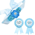 PALAY Mom to Be Flower Sash Set for Baby Shower with 70 in Belt and Blue Chiffon Flowers | Daddy to Be and Mommy to Be Pins