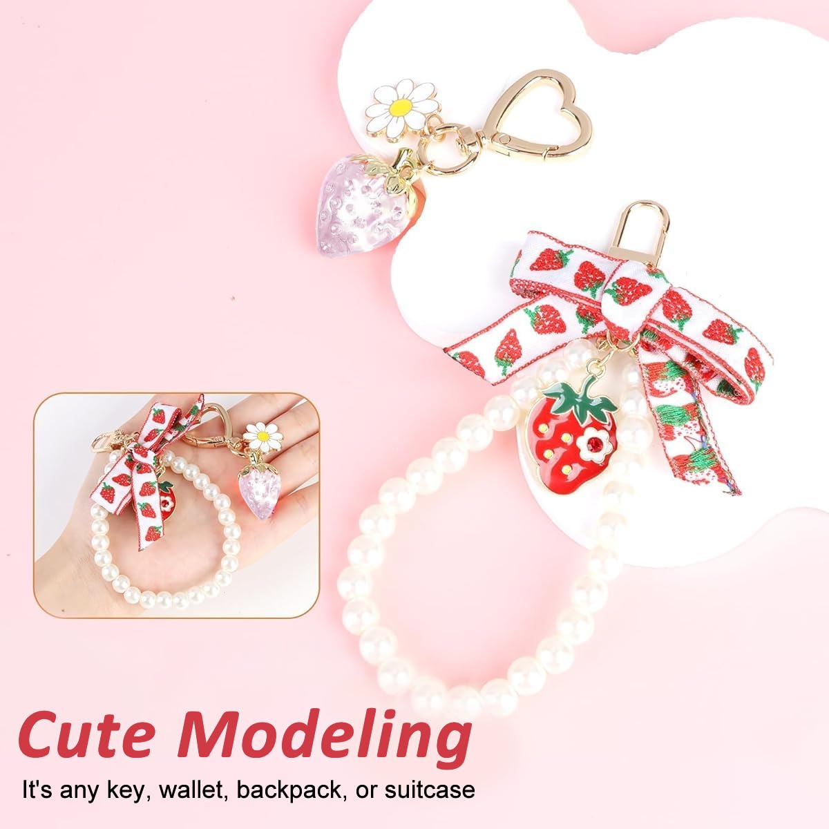 PALAY Strawberry Keychain for Girls featuring Heart Shape Carabiner and Acrylic Beads | 2Pcs Bag Charm Gift